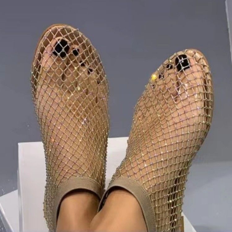2026 New Summer Round Toe Sandals Hollow Internet Celebrity Diamond Short Boots, Size: 41, Color: Gold