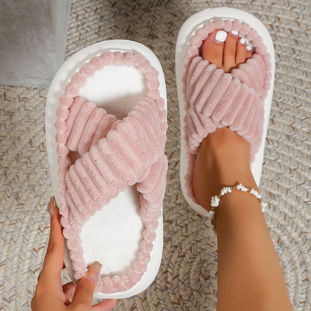 Indoor And Home, Soft-soled, Home-wear, Sweat-absorbent, Poop-feeling, Thick-soled Cotton Slippers, Size: 36-37, Color: Pink