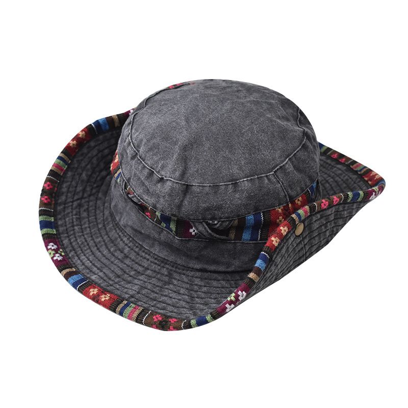 Fisherman Hat Sunscreen Sun Hat Breathable Sweat-Absorbing Mountaineering, Color: Washed cotton small fragrance black, Size: M（56-59cm）