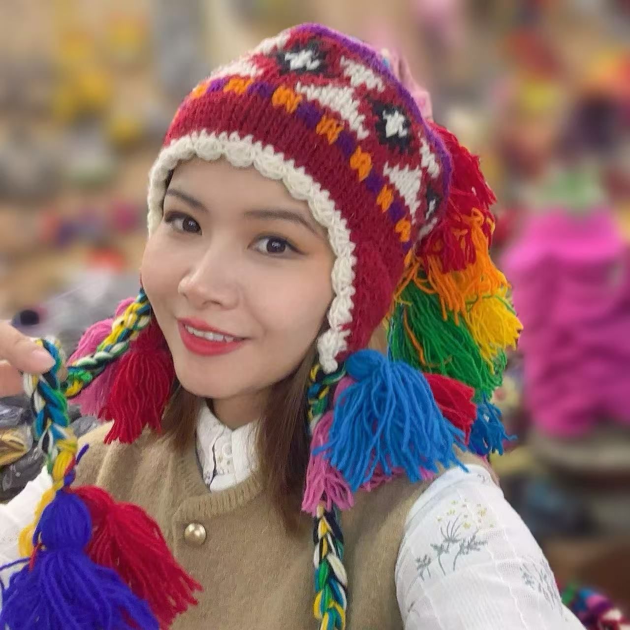 Nepali Wool Hand-woven Tassel Rainbow Warm Wool Hat Ethnic Style, Color: Rainbow braid style