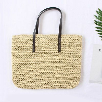 Beach Bag Rattan Woven Handmade Knitted Straw Large Capacity Totes Leather, Color: White