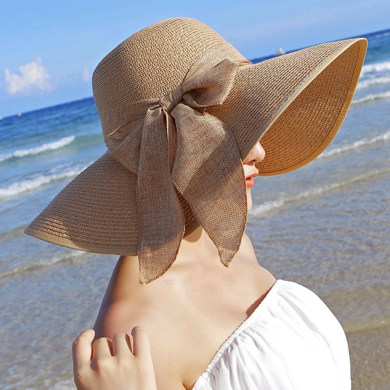 Seaside Sun Protection Straw Hat Foldable Beach Hat, Color: Wrapped style-khaki