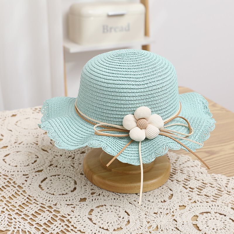 Female Treasure Sunshade Fisherman Hat Fabric Flower Straw Hat and bag, Color: Mint green hat, Size: Children 52-54cm