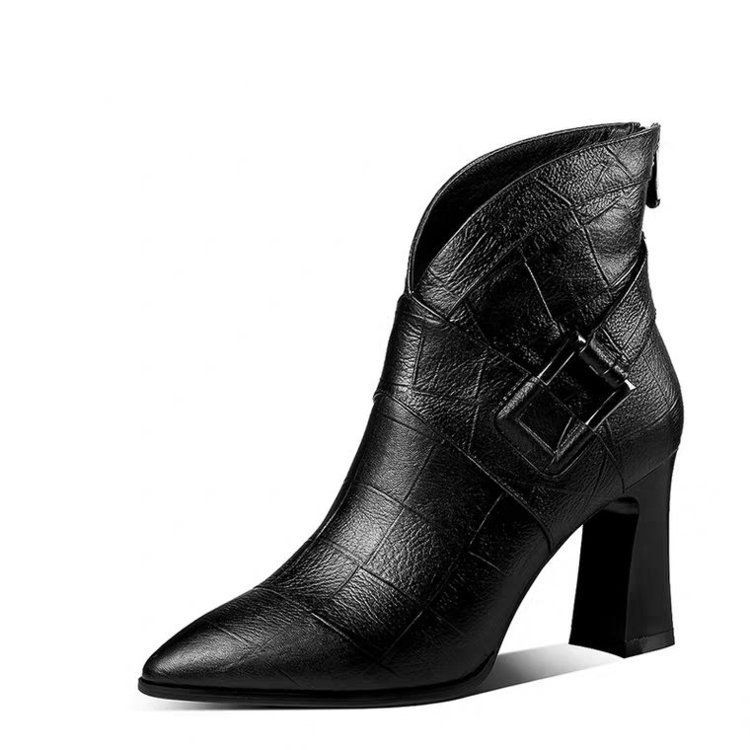 Thick Heel High Heel Ankle Boots Belt Buckle Striped Rear Zipper Fashion Boots, Size: 34, Color: Black