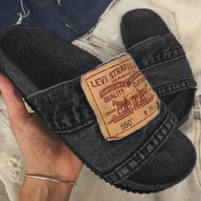 Denim Women's Cool Round Head Flat Slides Blue/Black, Color: Black, Shoe Size: 5
