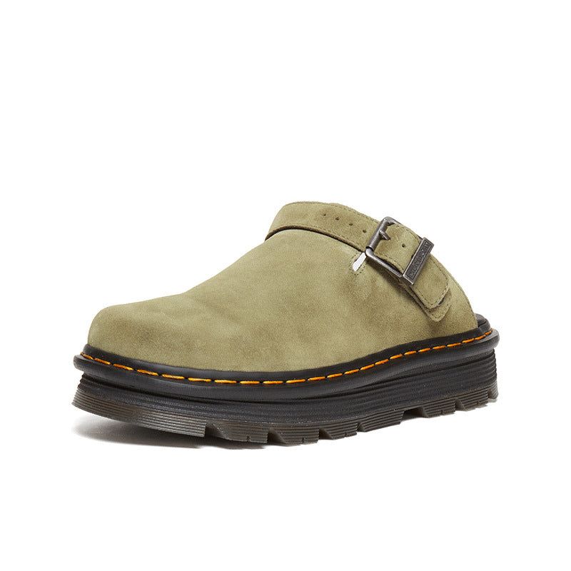 Fashion Thick-Sole Slide Sandals -Suede Slip-On Women Mules , Color: Olive-Green, Shoe size: 9