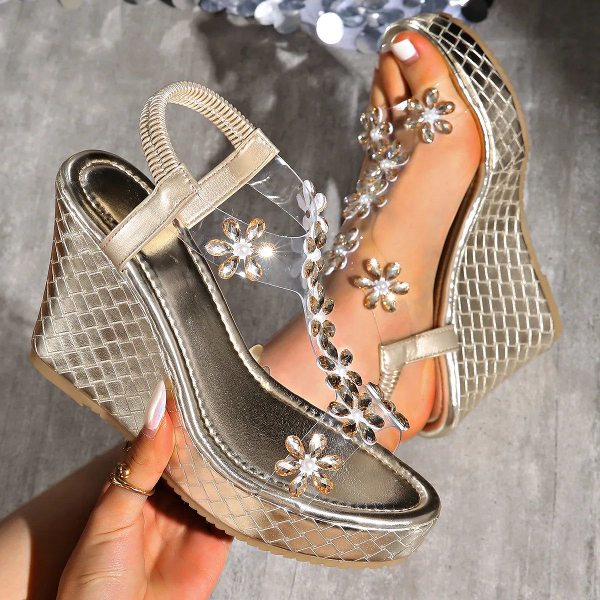 Stylish Open Toe : Wedge Sandals, Size: 42(US10.5), Color: Gold