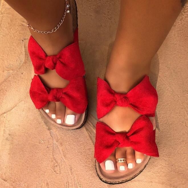 Women Slides 2 Straps Comfy Bow Slide Sandals Red, Color: Red, Shoe Size: 10
