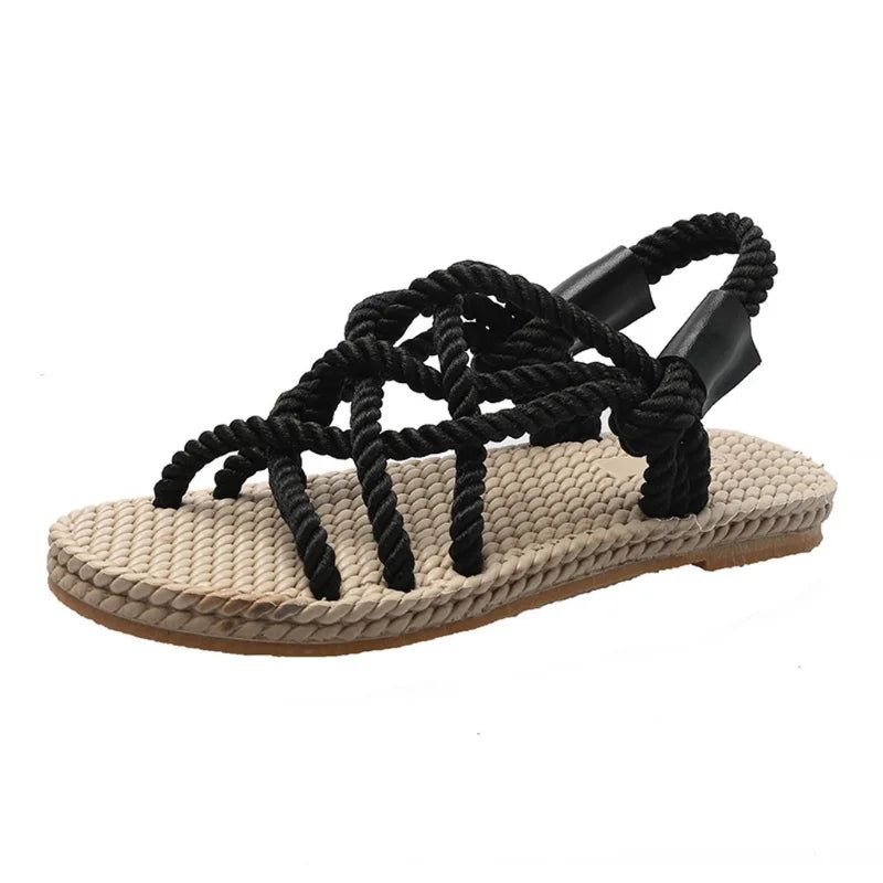 Braided Rope Sandals, Color: black, Shoe Size: 40