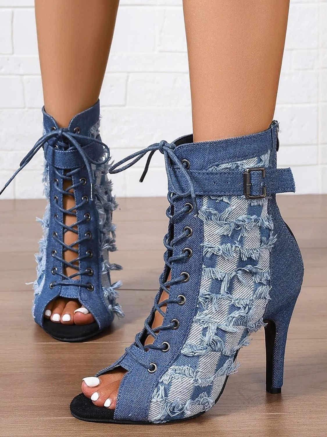 Distressed Denim Lace-Up Peep Toe Ankle Boots, Size: 11, Color: Peacock Blue