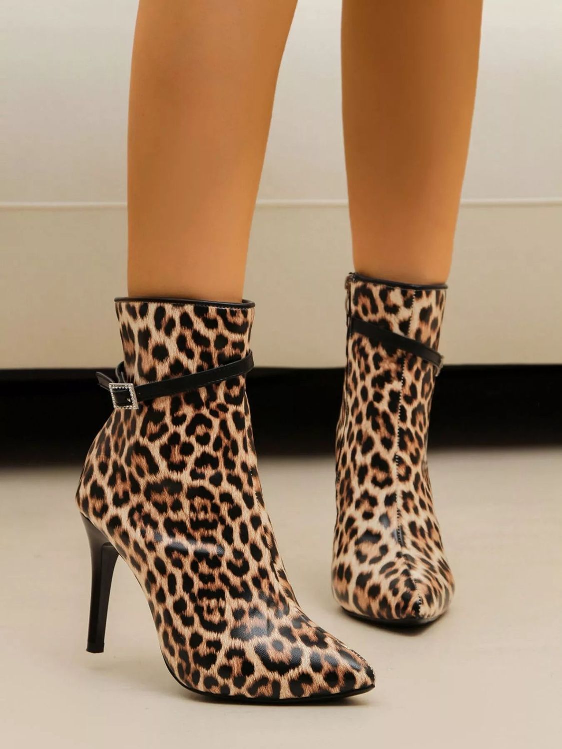 Pointed Toe Stiletto Heel Buckle Ankle Boots : High Heel Mid Calf, Size: 7, Color: Leopard Print