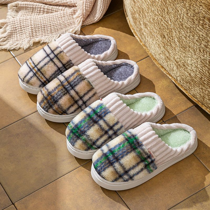 Plaid Plush Slippers Warm Soft Non-slip Bedroom Home Slipper For