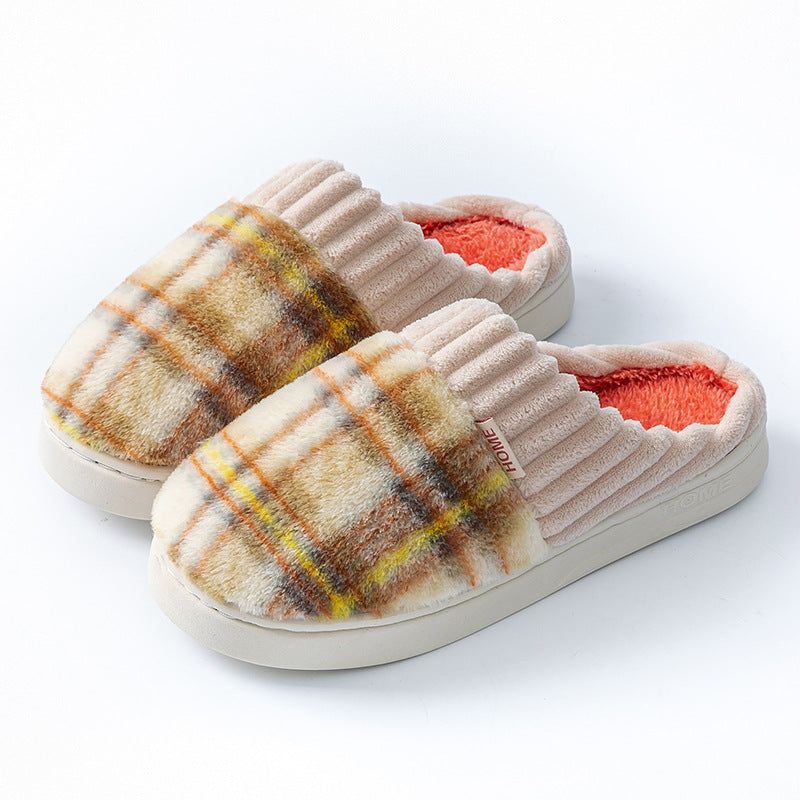 Plaid Plush Slippers Warm Soft Non-slip Bedroom Home Slipper For, Size: 36to37, Color: Yellow