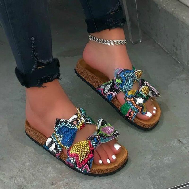 Women Slides 2 Straps Comfy Bow Slide Sandals Snake, Color: Multi, Shoe Size: 7.5