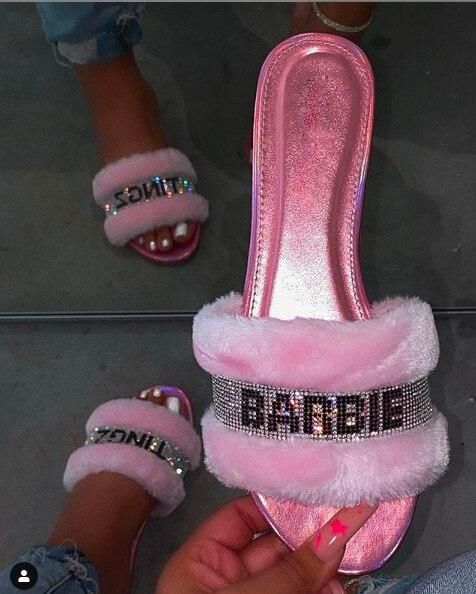 Pink Faux Fur Slides, Color: pink, Shoe Size: US 9.5 (25.5CM)