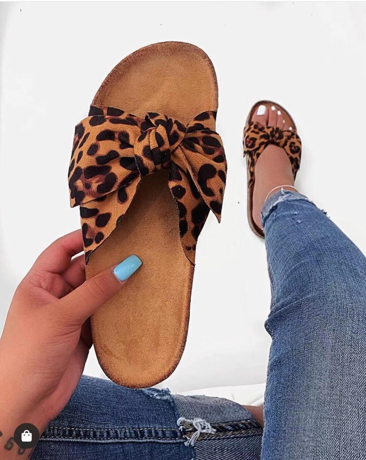 Women Slides 1 Straps Comfy Bow Slide Sandals Leopard, Color: Leopard 1, Shoe Size: 6.5