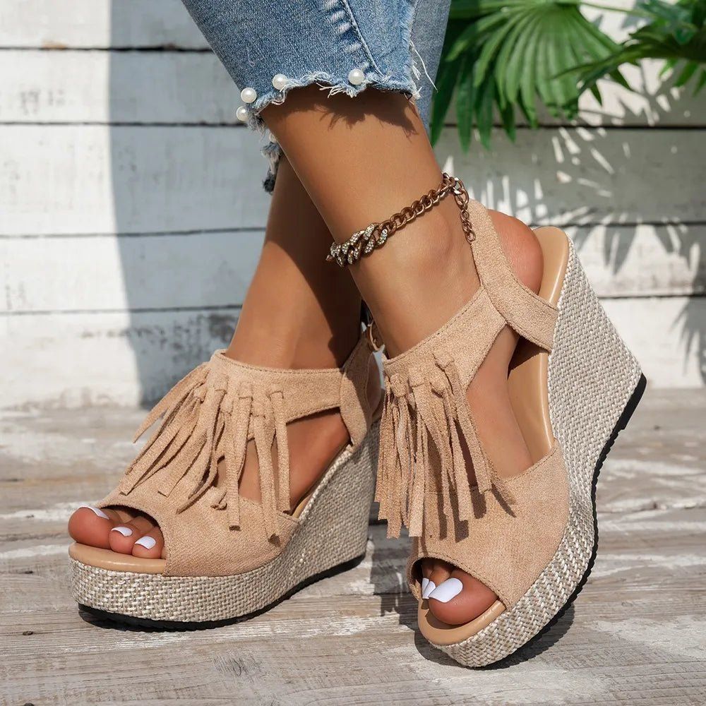 Stylish Fringe Peep Toe Wedge Sandals, Size: 42, Color: Khaki