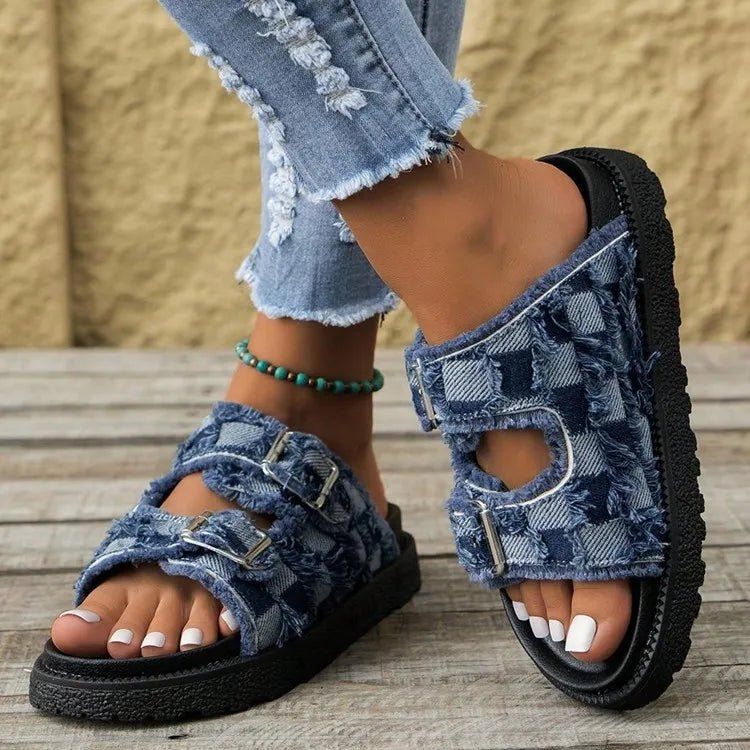 Raw Edge Checkered Cloth Buckle Slippers