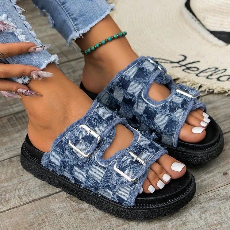 Raw Edge Checkered Cloth Buckle Slippers, Size: 37(US6), Color: Medium