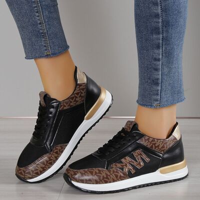 Contrast Lace Up Round Toe Sneakers, Size: 36(US5), Color: Black