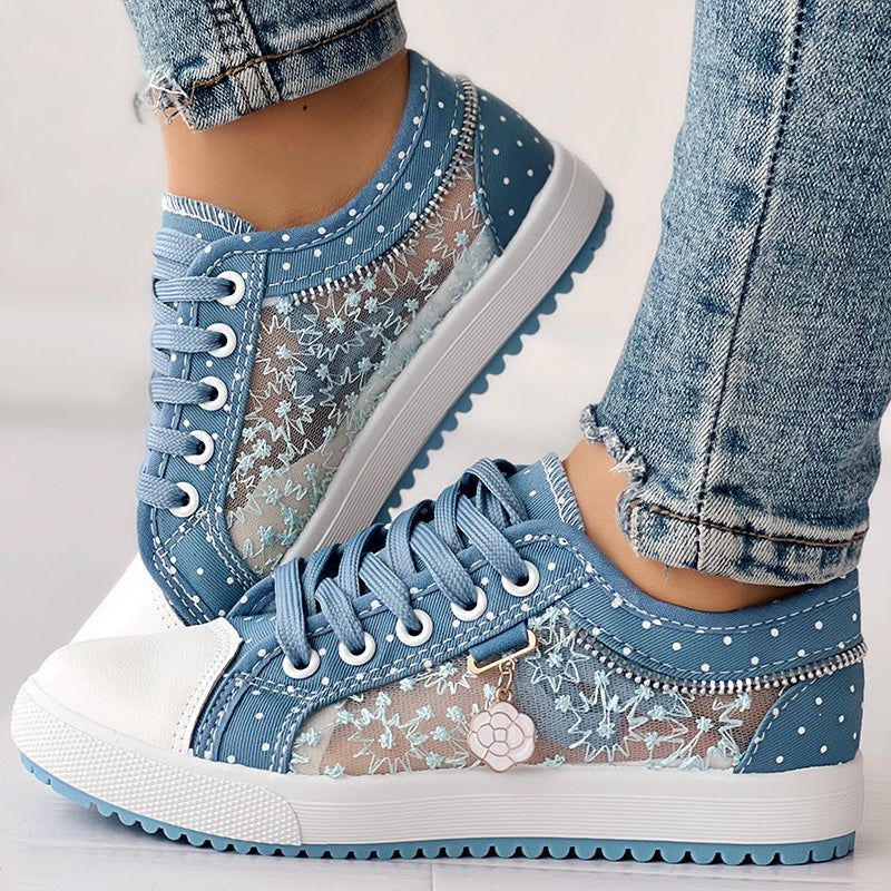 Floral Embroidered Polka Dot Print Sneakers, Attribute: US 5.5