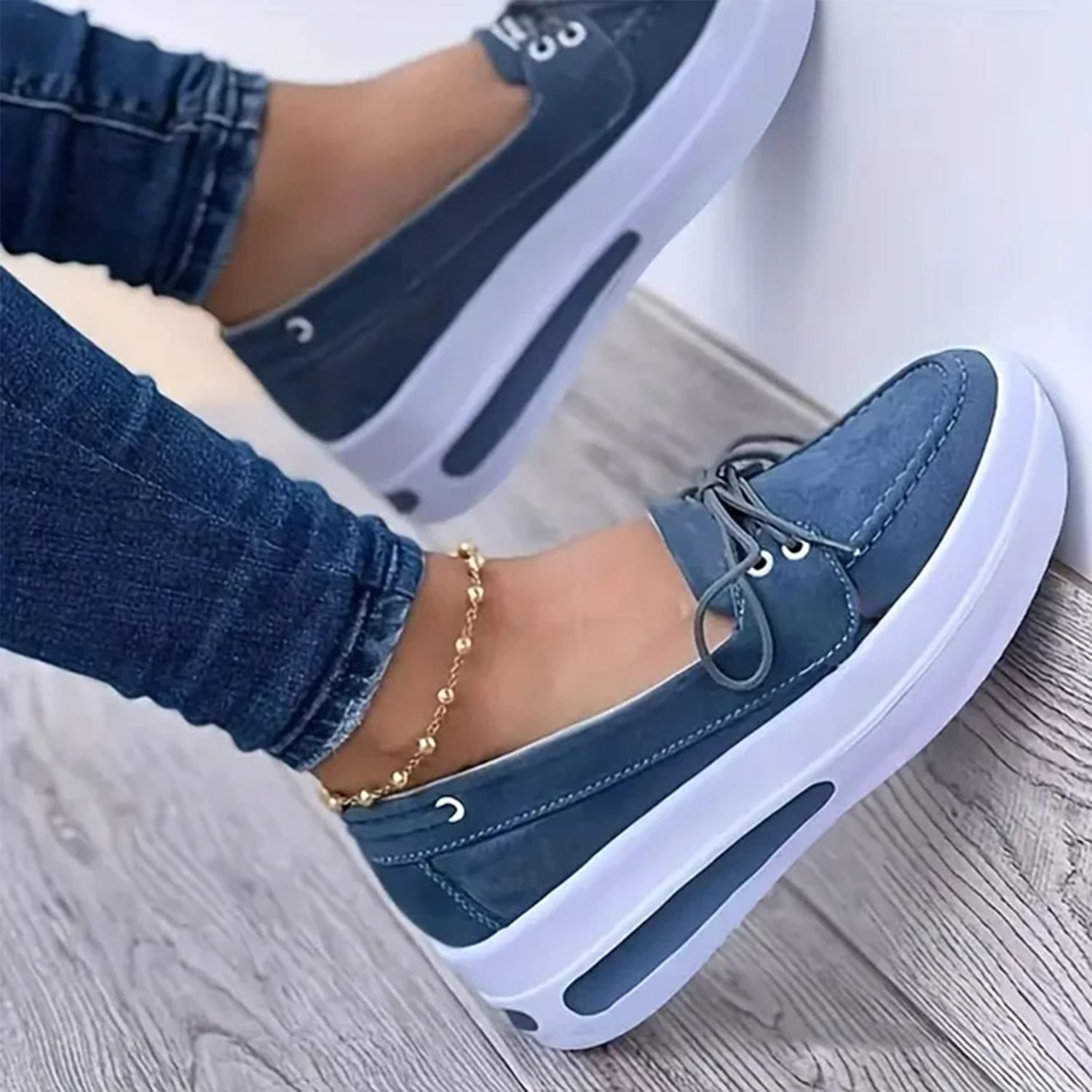 Women Block Shoes Slip On Closed Toe Platform Flat Wedge Casual Lace, Size: US 5.5 / EU 35, Shoe Color: Blue