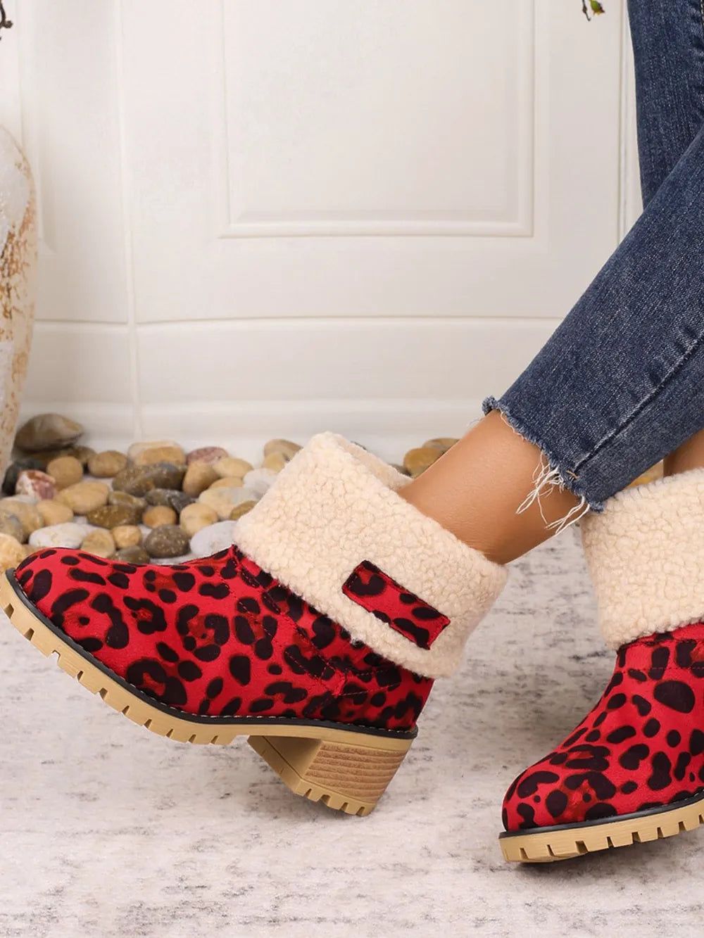 Leopard Block Heel : Fuzzy Boots, Size: 36(US5), Color: Scarlet