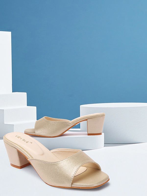 Open-Toe Chunky Heeled Slipers (Size-39) (Color-GOLD)