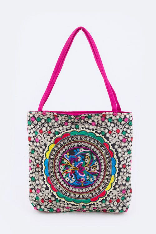 Tibetan Embroidery Fashion Tote, size: O/S, color: Fuchsia
