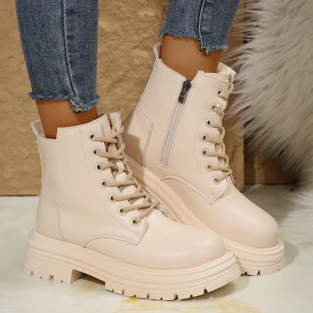 Stylish Lace Up Platform Boots : Side Zip, Size: 36(US5), Color: Beige