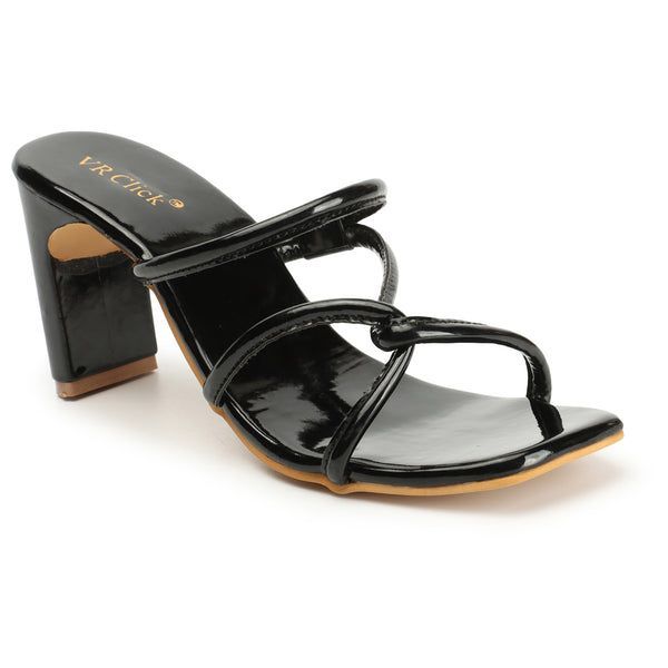 Open-Toe Chunky Heeled Slippers (Size-36) (Color-BLACK)