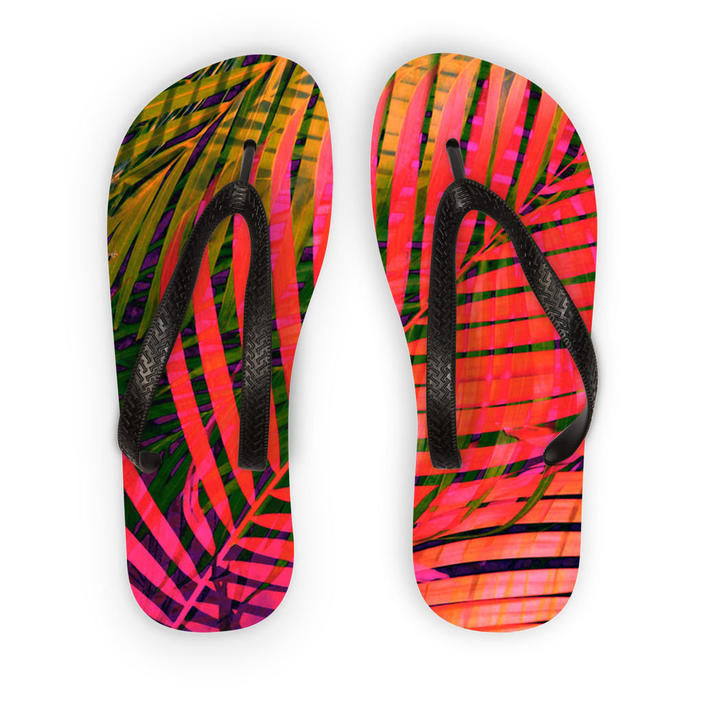 COLORFUL TROPICAL LEAVES no4 Adult Flip Flops, Size: S, Color: Black Strap