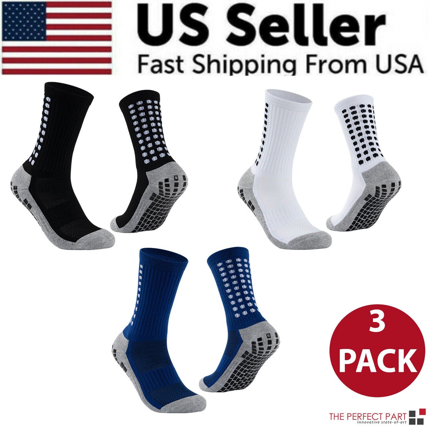 3 Pair Sport Socks Anti Slip W/ Grip Soccer Men Football Basketball, Color: Black + White + Blue, Sock Size: Mens 6-12, Women 7-13