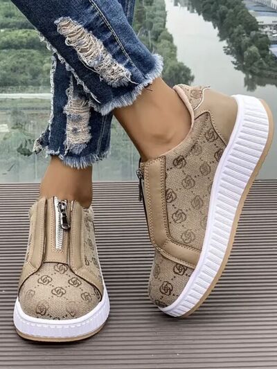 Floral Round Toe Sneakers with Zip, Size: 43(US11), Color: Tan