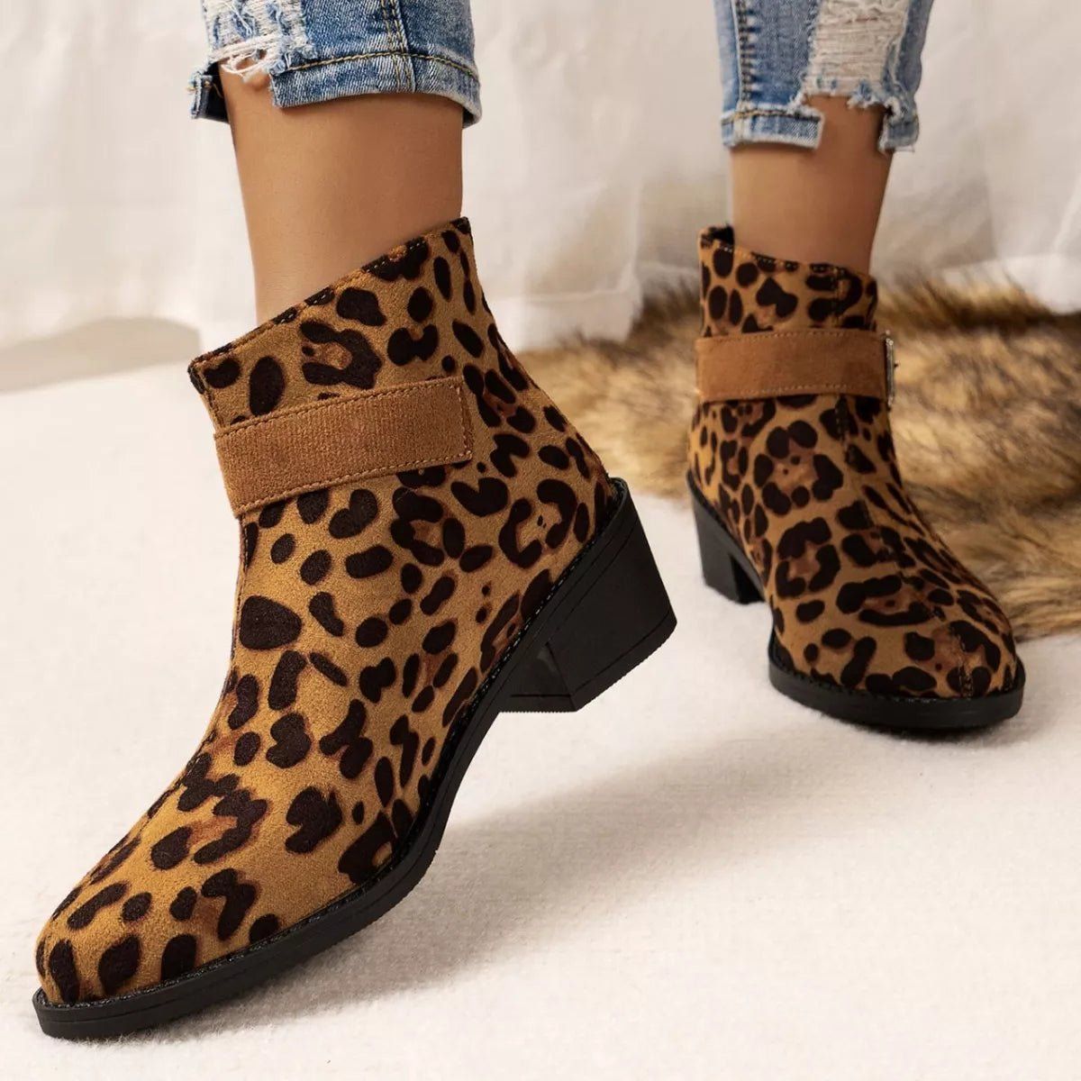 Fashionable Heels Boots With Buckle, Size: 35, Color: Leopard Print