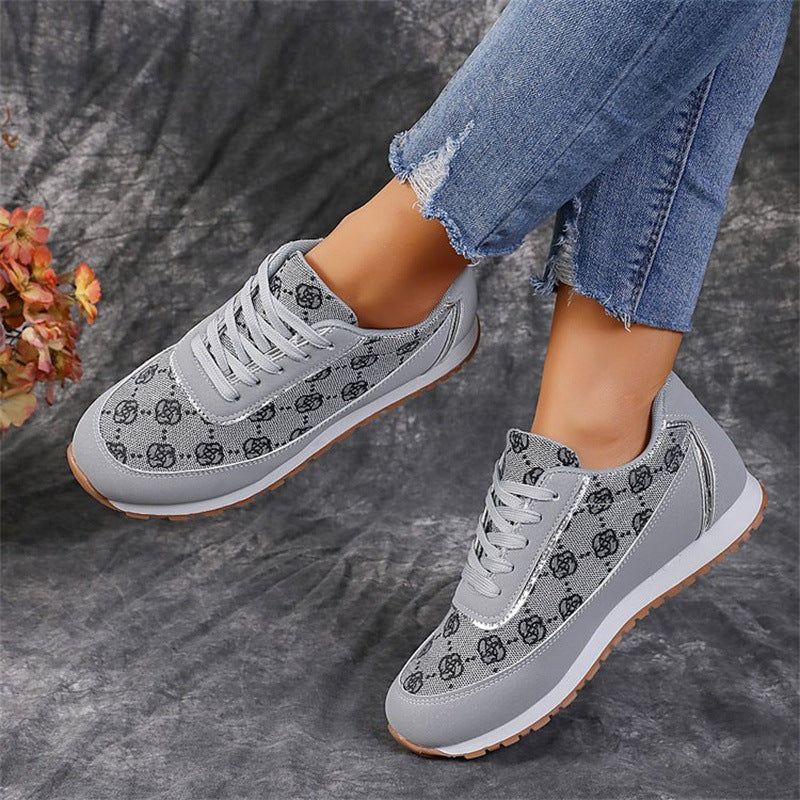 Flower Print Lace-up Sneakers Casual Fashion Lightweight Breathable, Size: Size37, Color: Grey