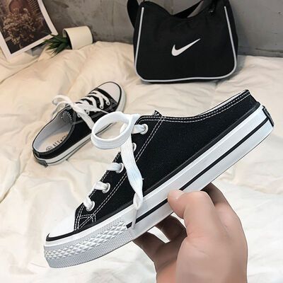 Round Toe Lace-Up Canvas Sneakers, Size: 38(US7), Color: Black