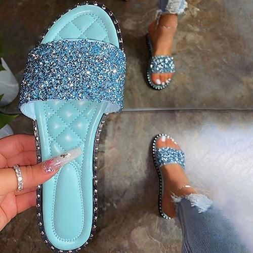 Crystal  Women Slippers Bling Bling Flats Female Beach Shoes Summer, Color: Blue, Shoe Size: 7.5