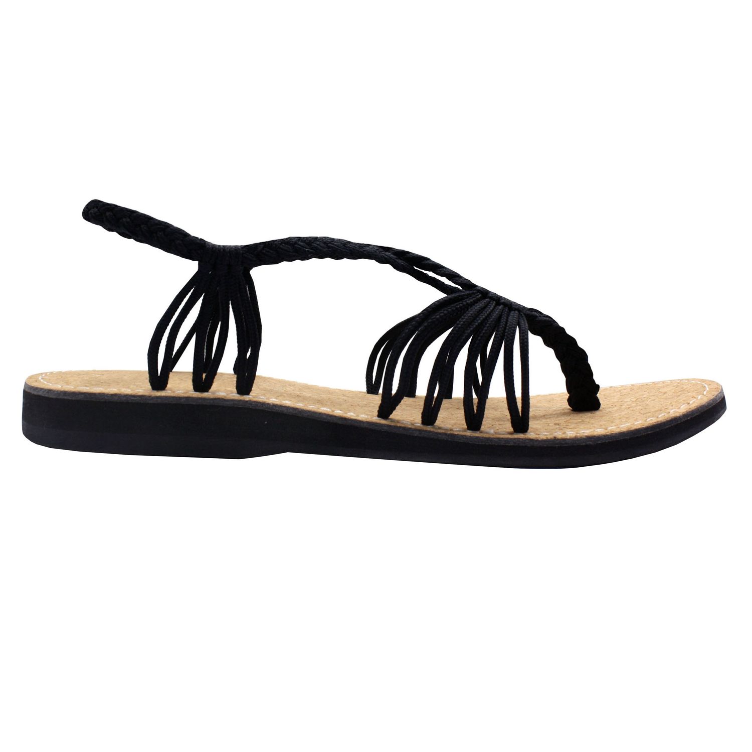 Markerandhands Handwoven Rope Flat Sandals For Women Airy Black Cork, Size: US5 EU49, Color: Black Cork