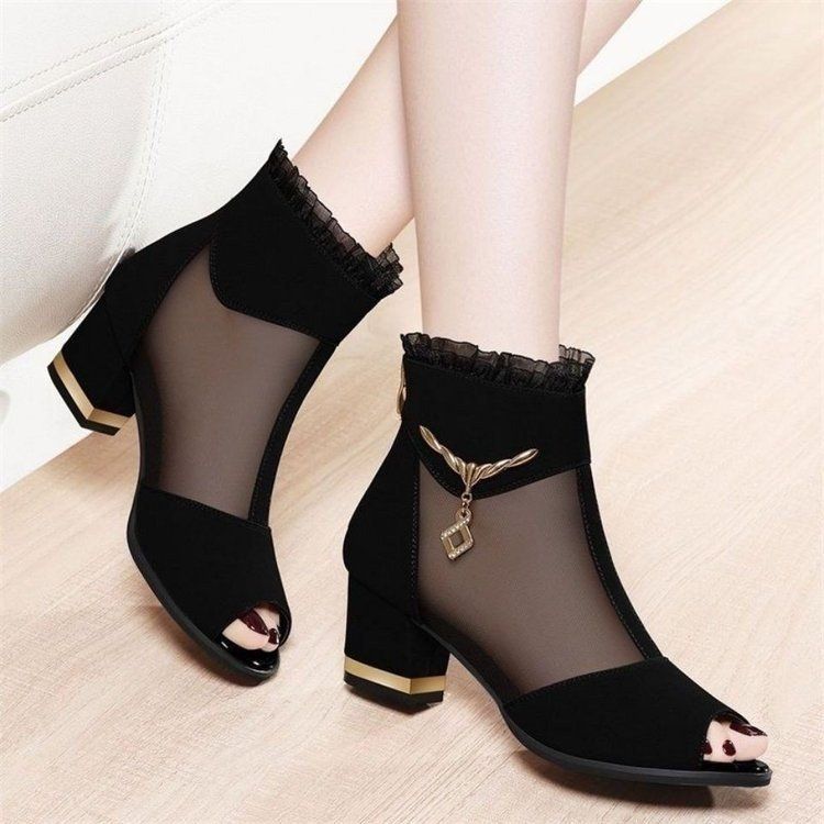 Women's Sexy Frill Hollow Ankle Boots Chunky All Matching, Size: 35, Color: Black