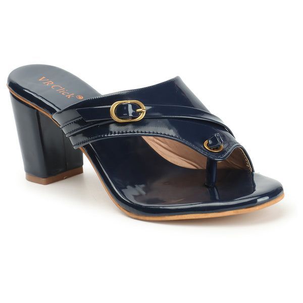 Open-Toe Chunky Block Heeled Slippers (Size-38) (Color-BLUE)