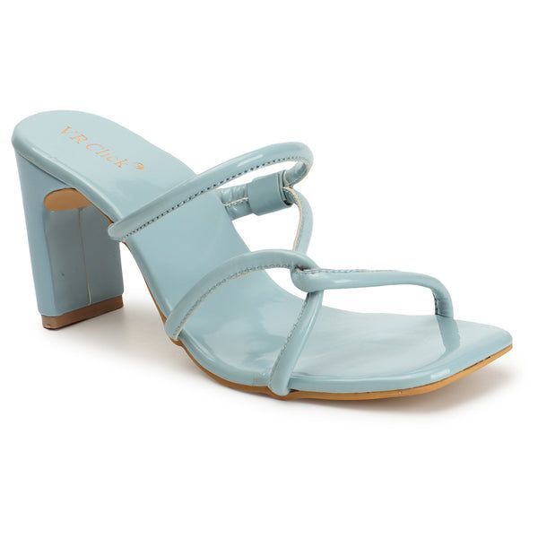 Open-Toe Chunky Heeled Slippers (Size-37) (Color-LIGHT BLUE)