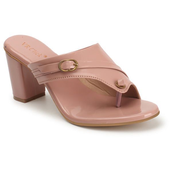 Open-Toe Chunky Block Heeled Slippers (Size-38) (Color-PINK)