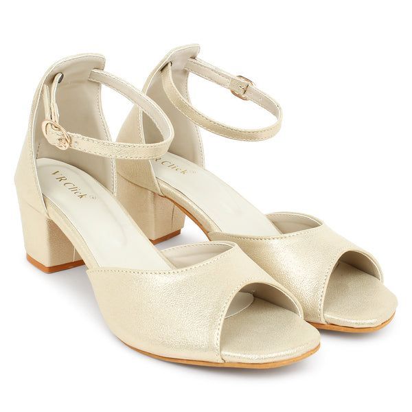 Chunky Heeled Sandals with Buckle Closure (Size-39) (Color-GOLD)