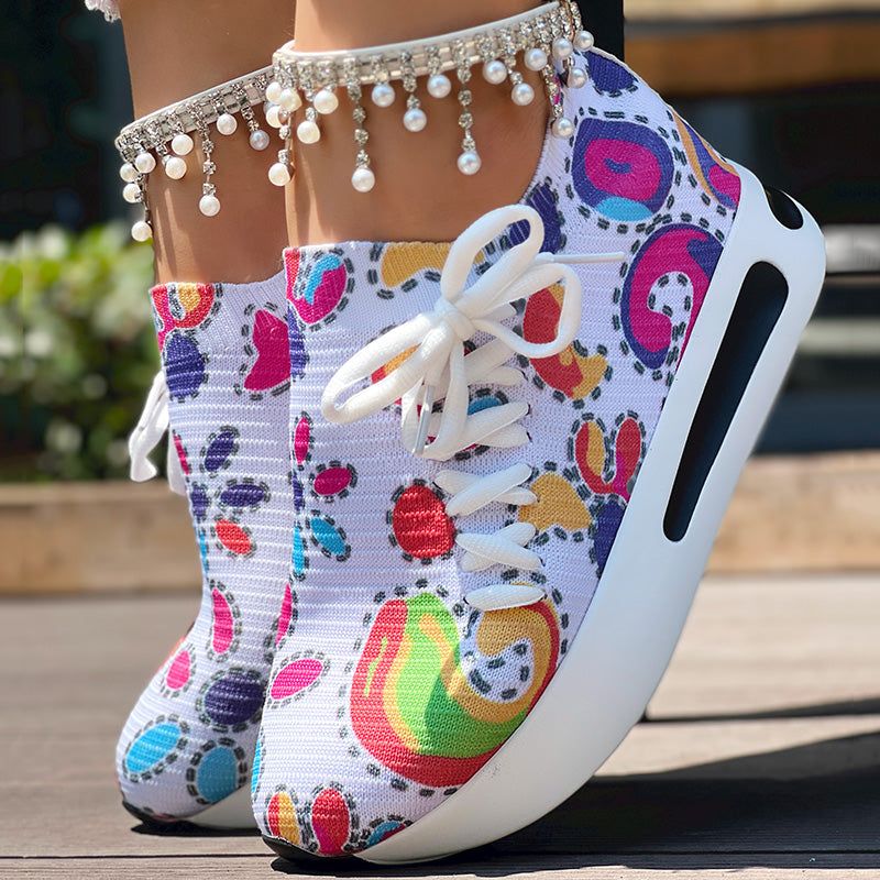 Women's Random Print Side Lace-Up Elastic Sport Shoes, Comfortable, Attribute: US 6.5