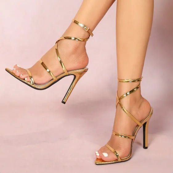 Open Toe Ankle Strap High Heels, Size: 40, Color: Gold