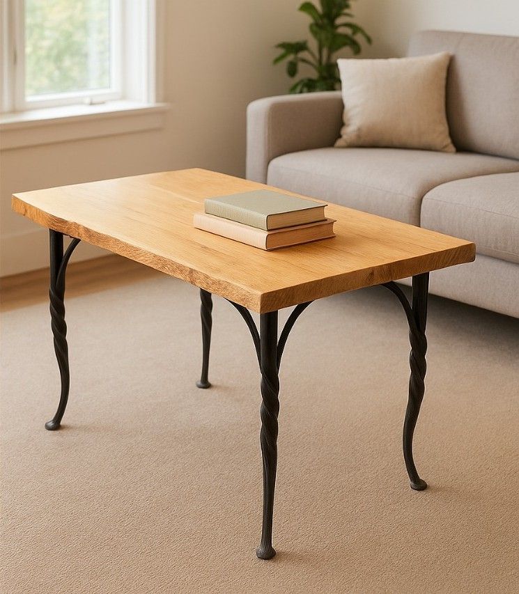 Live-edge Curly Maple table with custom metal base