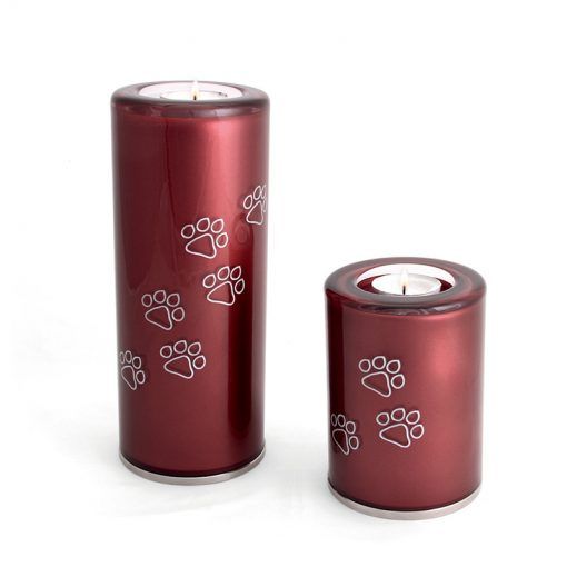 Glass Pet Urn Candle Holder Paws - Cylinder Burgundy