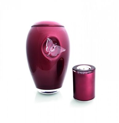 Glass Urn with a Crystal Butterfly - Burgundy