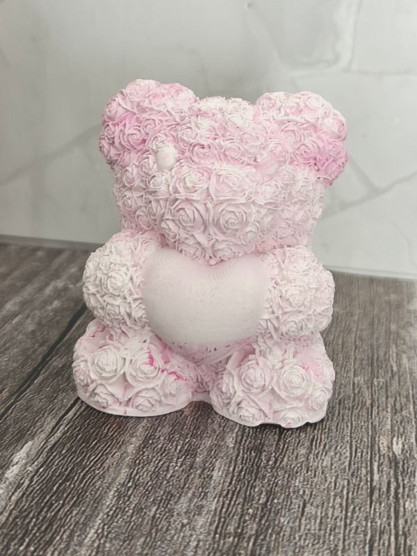 Ourson cœur - marbre blanc et rose 
